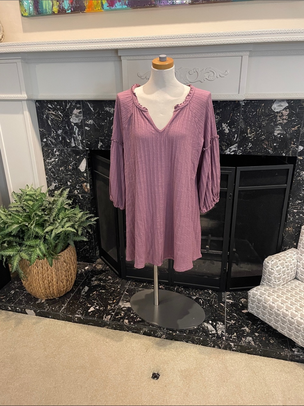 Maurices Ribbed V-Neck Mauve Top with Ruffle Trim